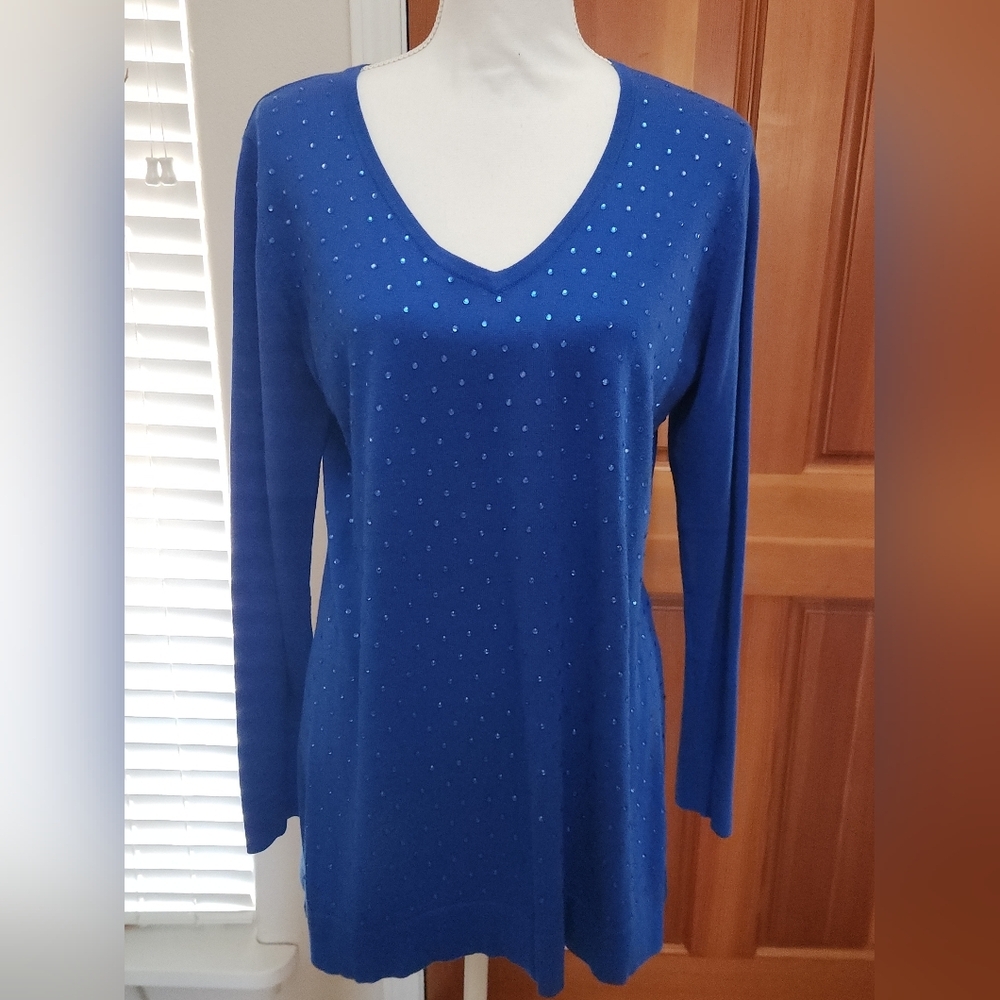 Neiman Marcus Blue Long Sleeve Embellished Tunic